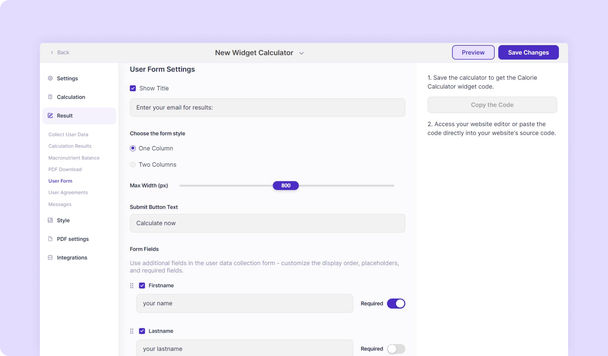 flexibility of design settings for request forms for calorie calculator cloud